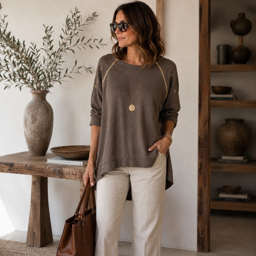Always Indigo Sweatshirt Womens 3X‎ Brown Asymmetrical Zip Hi Low Plus Size Boho